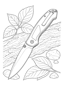 A detailed folding knife coloring page resting near leaves, stones, and a log.