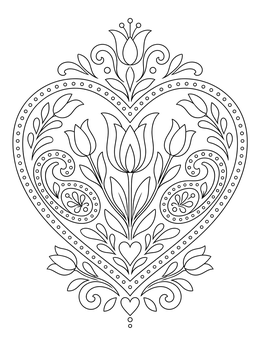 A detailed paisley heart coloring page with symmetrical tulips and ornate swirls.