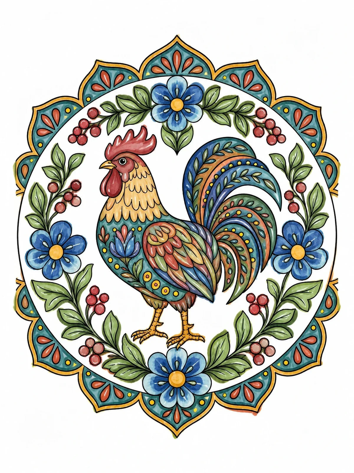 Colored example of the Folk Art Rooster Mandala coloring page