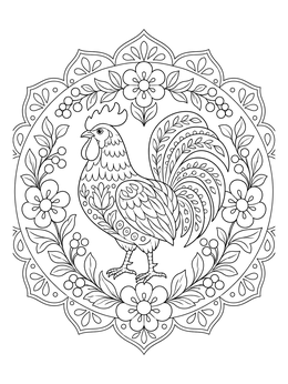 Intricate folk art rooster coloring page framed by ornate flowers and decorative leaves.