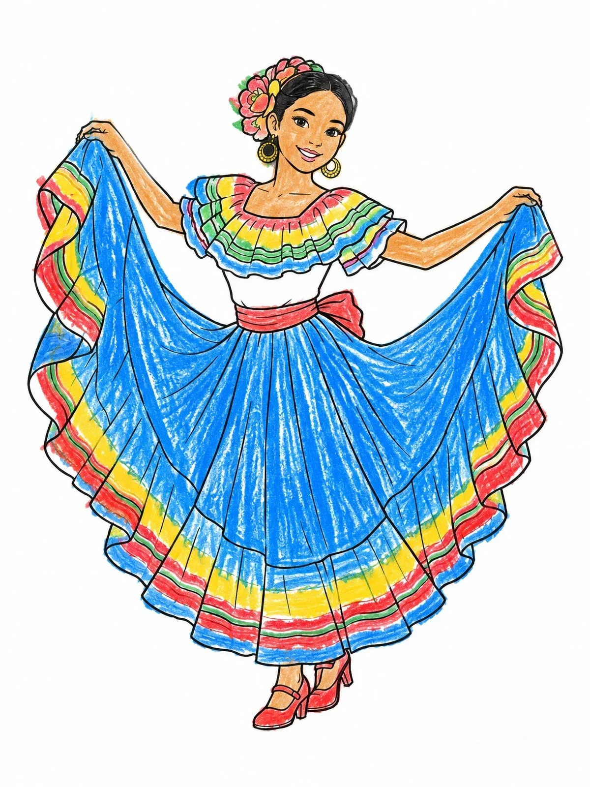 Colored example of the Folklorico Dancer In Ruffled Dress coloring page