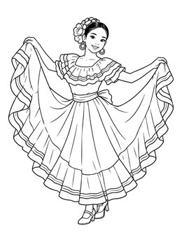 A smiling folklorico dancer in this Charro Days coloring page holding up her wide ruffled skirt.
