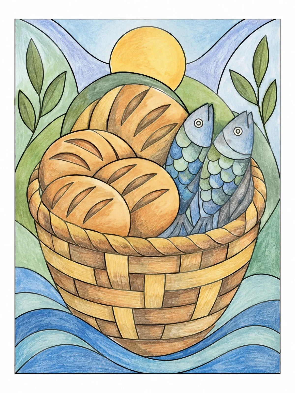 Colored example of the Basket With Loaves And Fishes coloring page