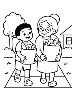 Free printable Helping A Neighbor With Groceries coloring page