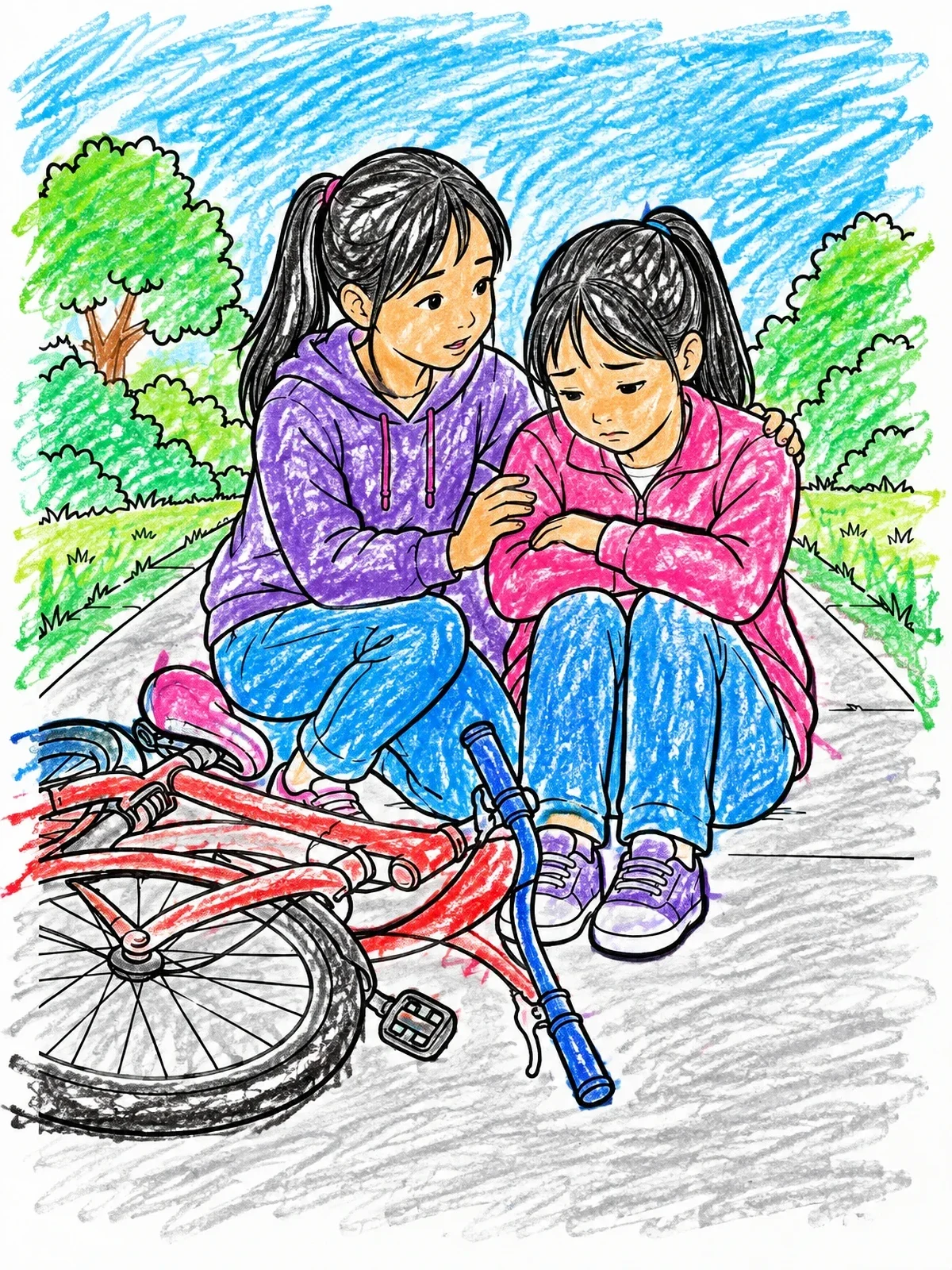 Colored example of the Comforting A Friend After Falling coloring page