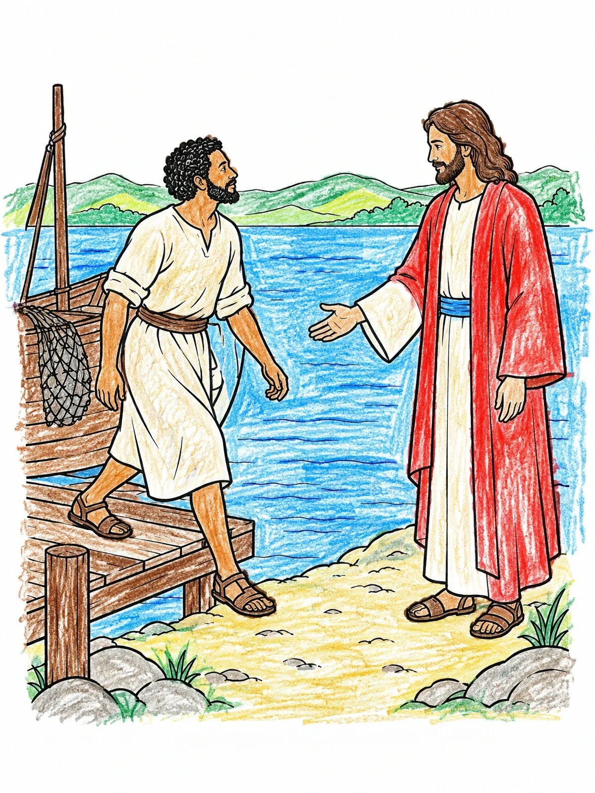 Colored example of the Fisherman Stepping Ashore To Follow Jesus coloring page