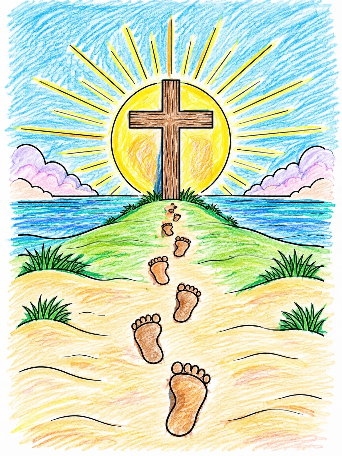 Colored example of the Footprints Leading To The Cross coloring page