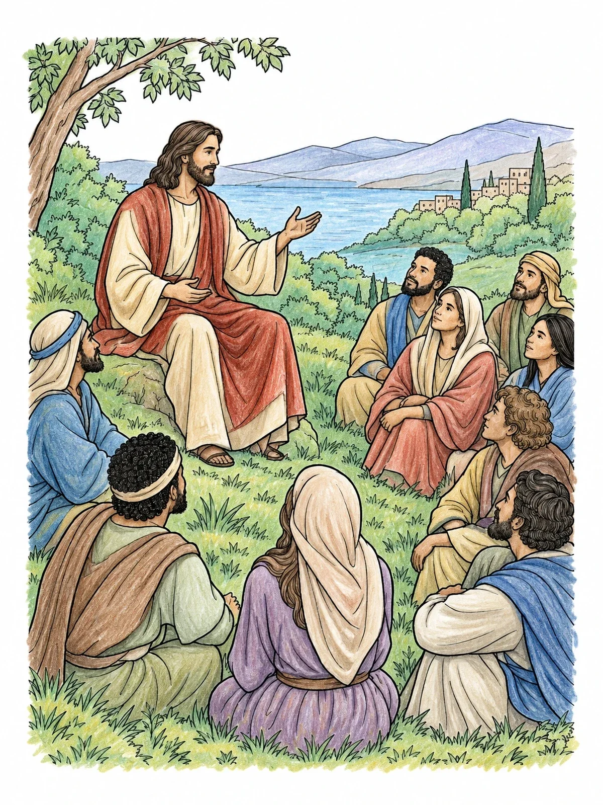 Colored example of the Jesus Teaching The Disciples Outdoors coloring page
