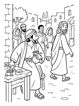 Free printable Matthew Leaving His Tax Table coloring page