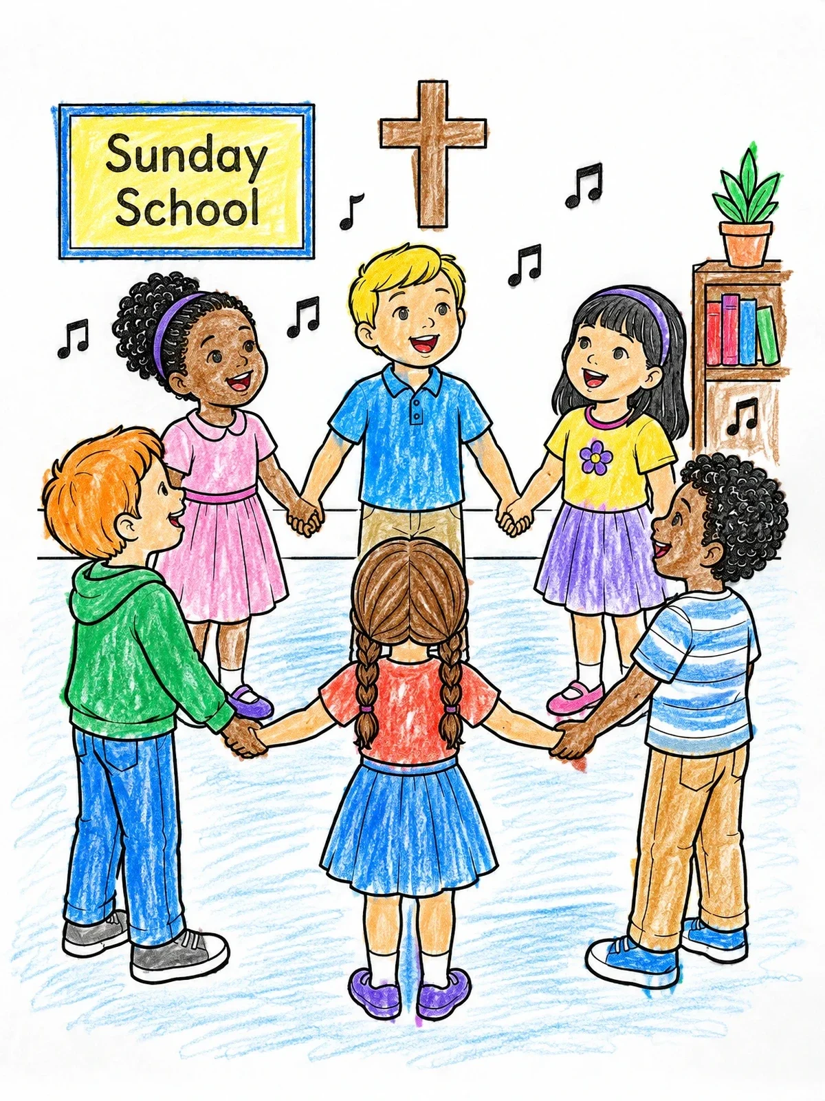Colored example of the Sunday School Children Singing In A Circle coloring page