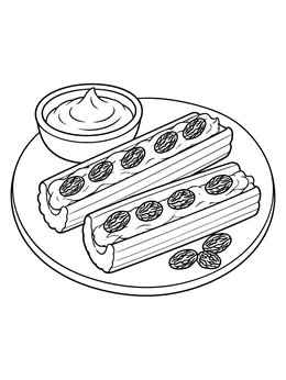 A wholesome food coloring page featuring celery sticks filled with peanut butter and raisins on a plate.