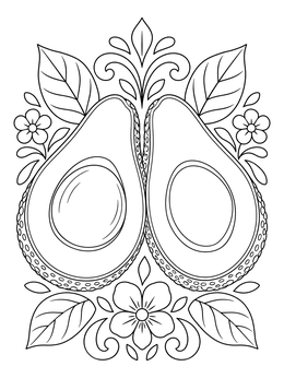 A decorative food coloring page featuring two avocado halves surrounded by leaves and flowers.