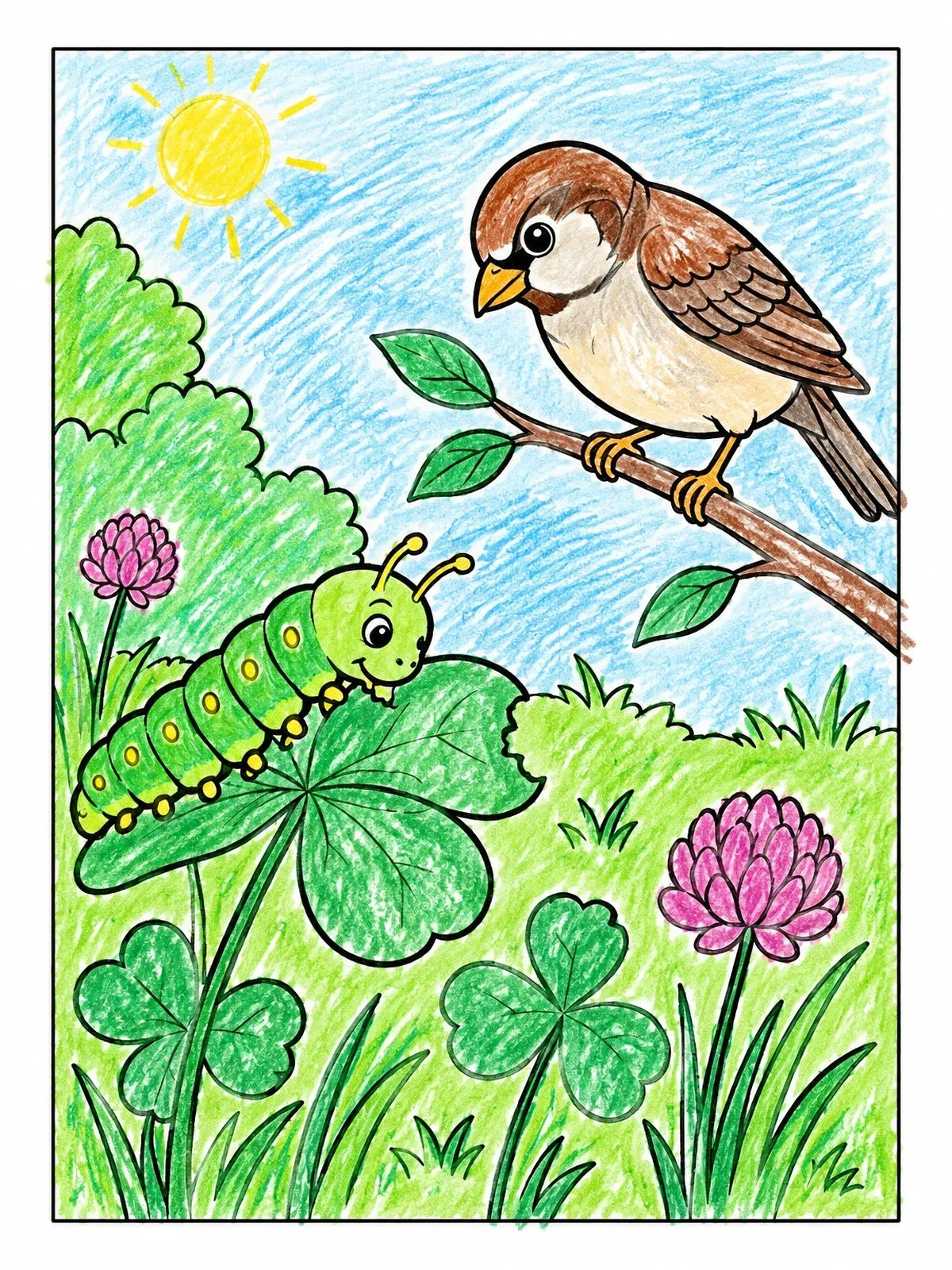 Colored example of the Caterpillar And Curious Sparrow In Nature coloring page