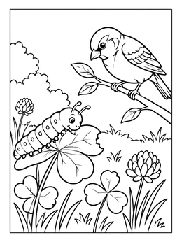 Free printable Caterpillar And Curious Sparrow In Nature coloring page