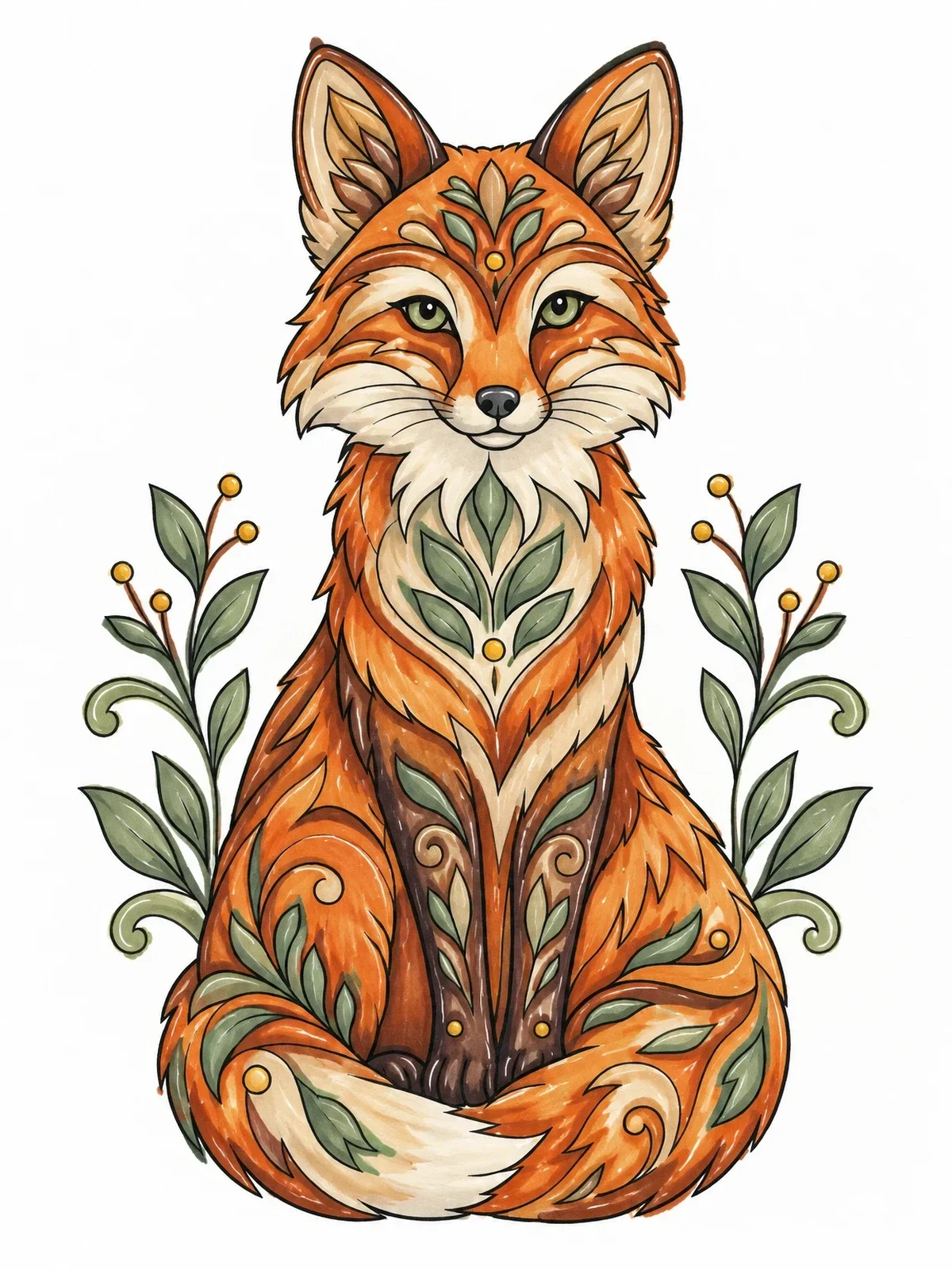 Colored example of the Intricate Sitting Woodland Fox coloring page