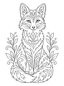 An intricate food chain coloring page featuring an ornate fox surrounded by stylized plants.