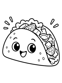A happy smiling taco character in a food coloring page with fresh vegetable fillings.
