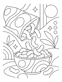 Crispy cheese puffs pouring into a bowl in this fun food coloring page with decorative patterns.