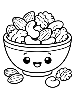 A happy bowl filled with assorted nuts in a cute food coloring page.