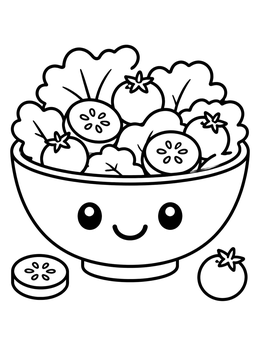 A cute smiling bowl of fresh salad in this food coloring page for children.