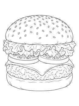 A detailed food coloring page featuring a stacked cheeseburger with lettuce and tomato.