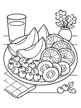 A delicious food coloring page showing a plate of melon, oranges, berries, and kiwi with juice.
