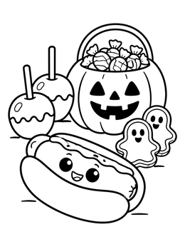 A smiling hot dog rests beside Halloween treats on this food coloring page.
