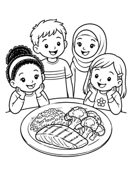 Smiling children gather around a healthy food coloring page featuring salmon, broccoli, and rice.