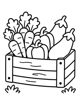 A harvest wooden crate filled with carrots, peppers, and eggplants food coloring page.