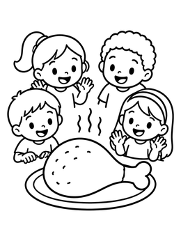 Free printable Children Around A Giant Chicken Drumstick coloring page