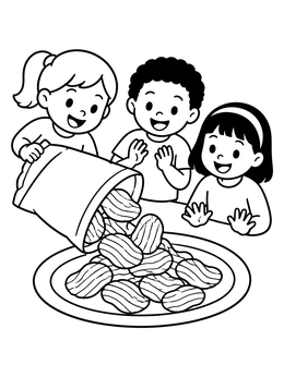 Happy children pouring crispy chips on a plate in this fun food coloring page.