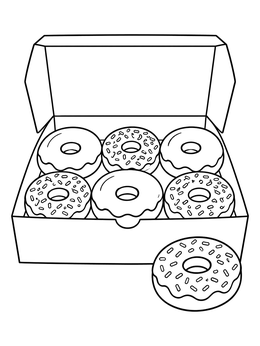 An open box of glazed donuts in this sweet food coloring page.