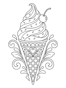 An ornate soft serve food coloring page with sprinkles, a cherry, and decorative swirls.