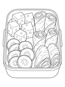 A fresh bento food coloring page filled with cheese cubes, cucumber slices, and rolls.