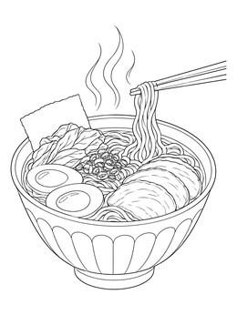 A steaming bowl of noodles featured in this food coloring page with eggs and chopsticks.