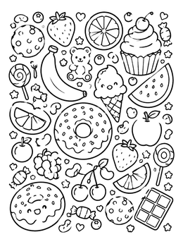 Free printable Sweet Treats And Fruit Doodle Pattern coloring page