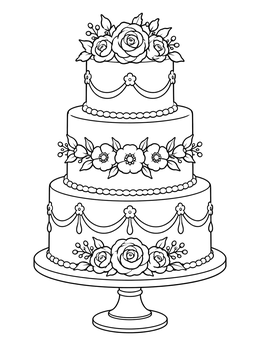A decorative three-tier cake on a stand features in this elegant food coloring page.