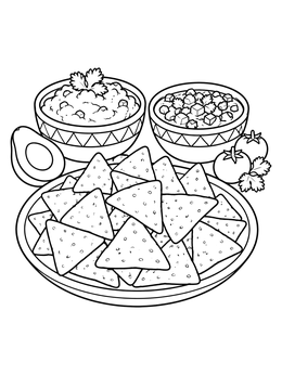 A plate of tortilla chips beside dips on this food coloring page.