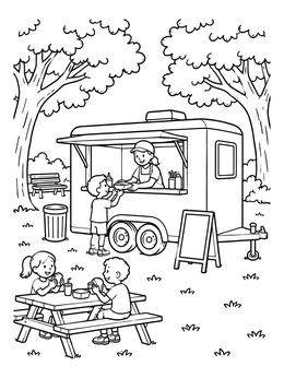 Kids eating lunch near a mobile kitchen in this food coloring page.