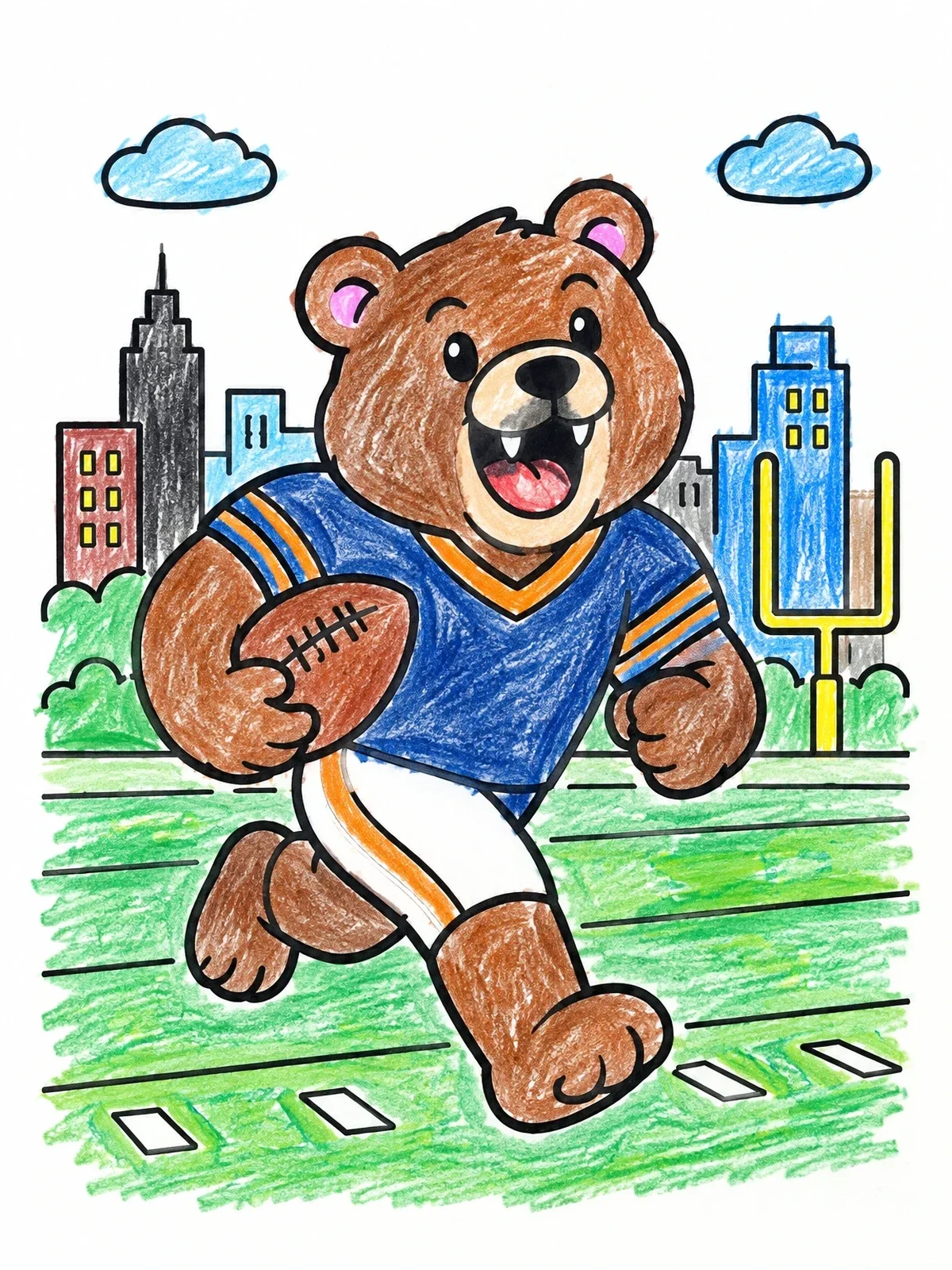 Colored example of the Football Bear Running In Chicago coloring page