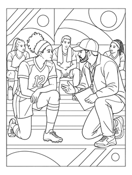 A focused coach gives advice to a player in this football coloring page.