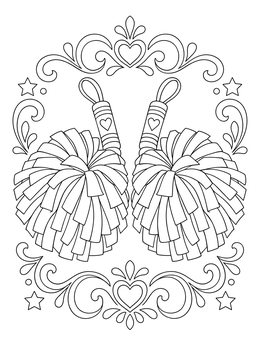 A decorative football coloring page featuring a pair of cheerleader pom-poms with heart handles and swirly frame.