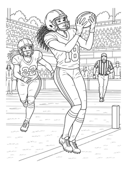 A female wide receiver makes a catch in this dynamic football field coloring page.