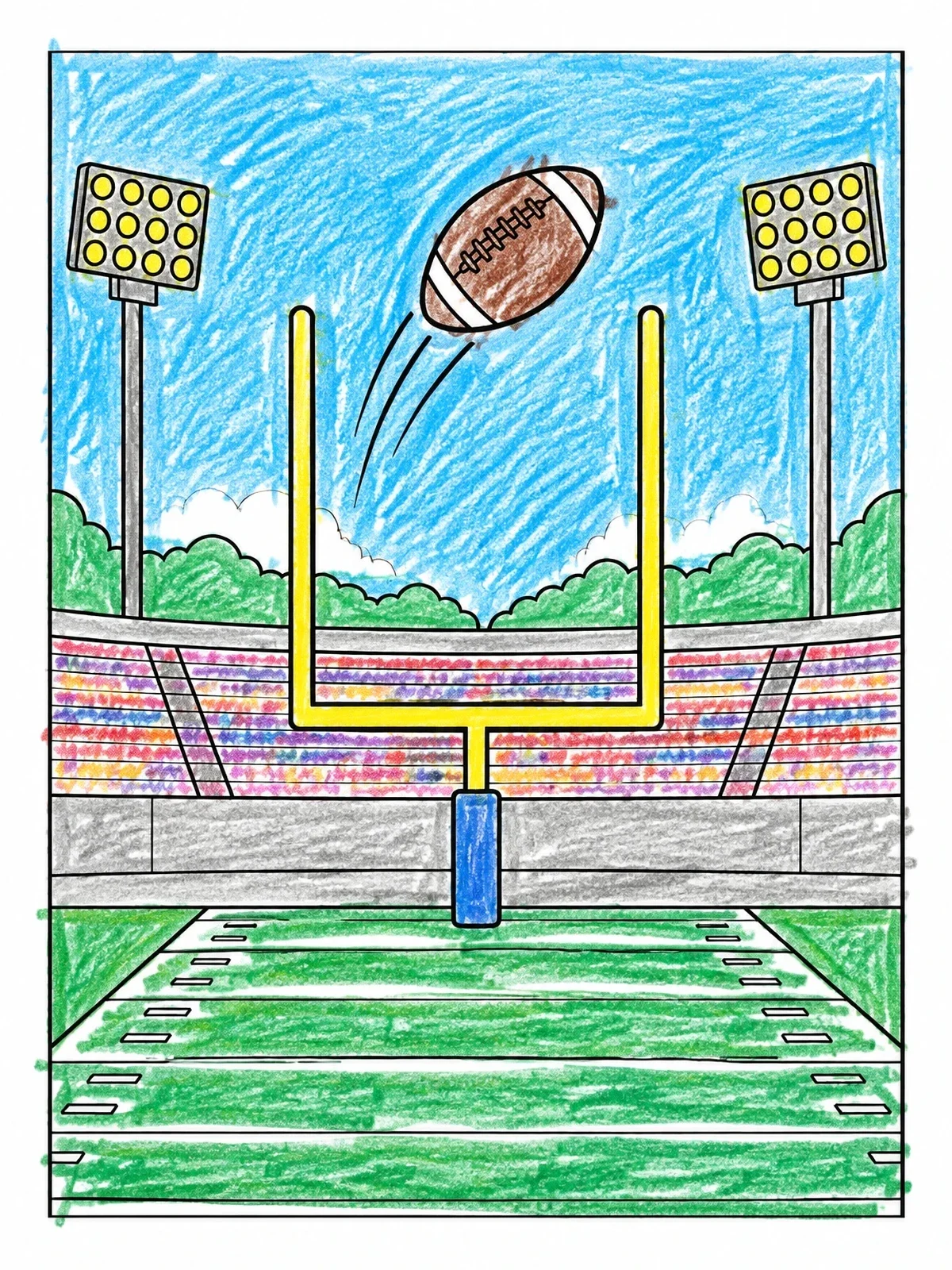Colored example of the Football Soaring Over Goalpost coloring page