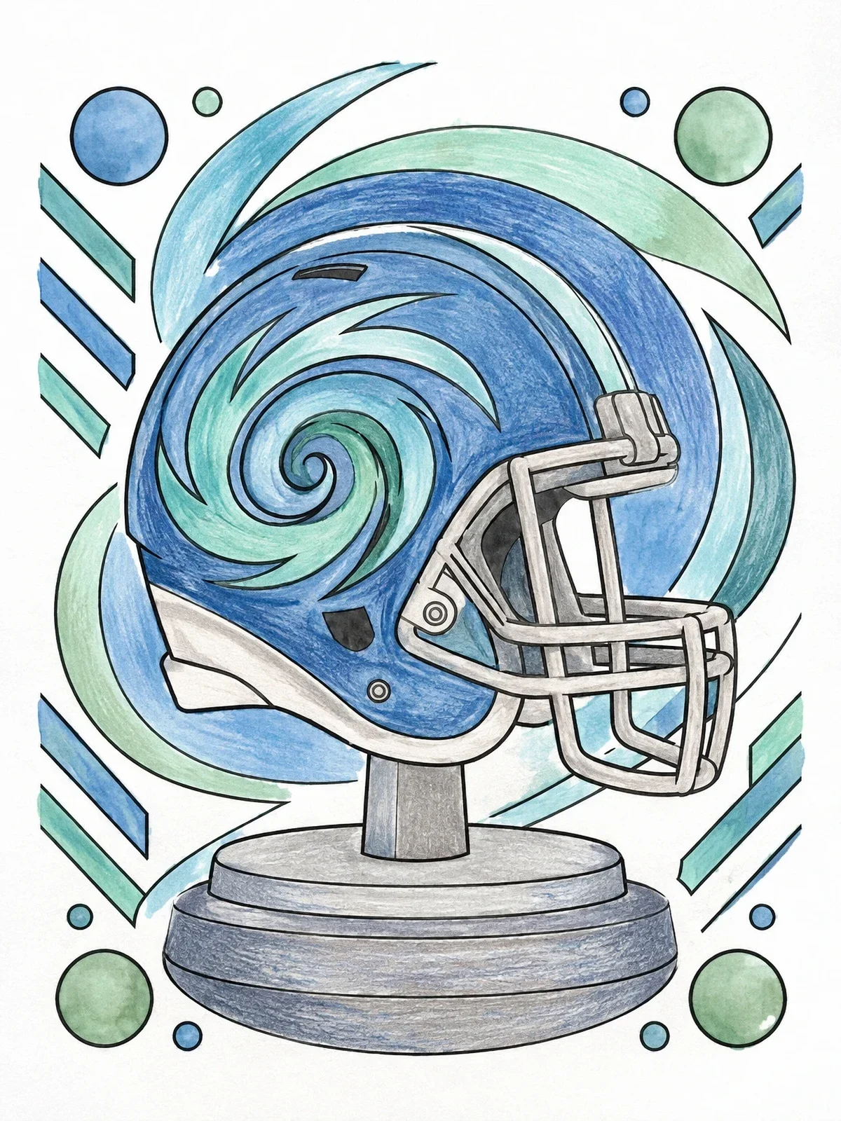 Colored example of the Football Helmet With Swirling Hurricane Decal coloring page