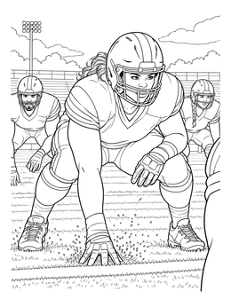 A focused football coloring page showing a lineman crouched on the field ready for the snap.