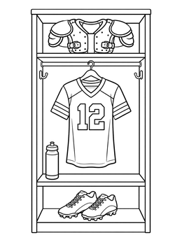 Football coloring page showing a locker stall with a jersey, shoulder pads, water bottle, and cleats.