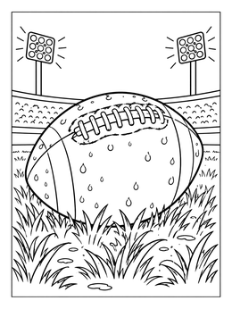 A detailed football coloring page showing a wet ball in the grass under bright stadium floodlights.