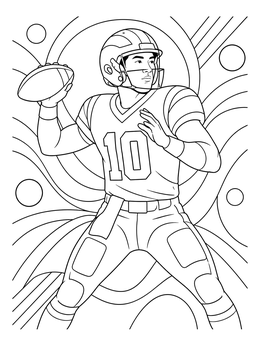 An adult football coloring page showing a focused quarterback ready to throw a pass.