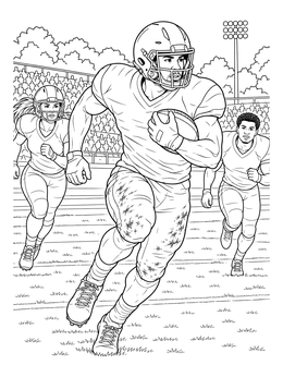 A running back charges across the turf on this dynamic football coloring page.